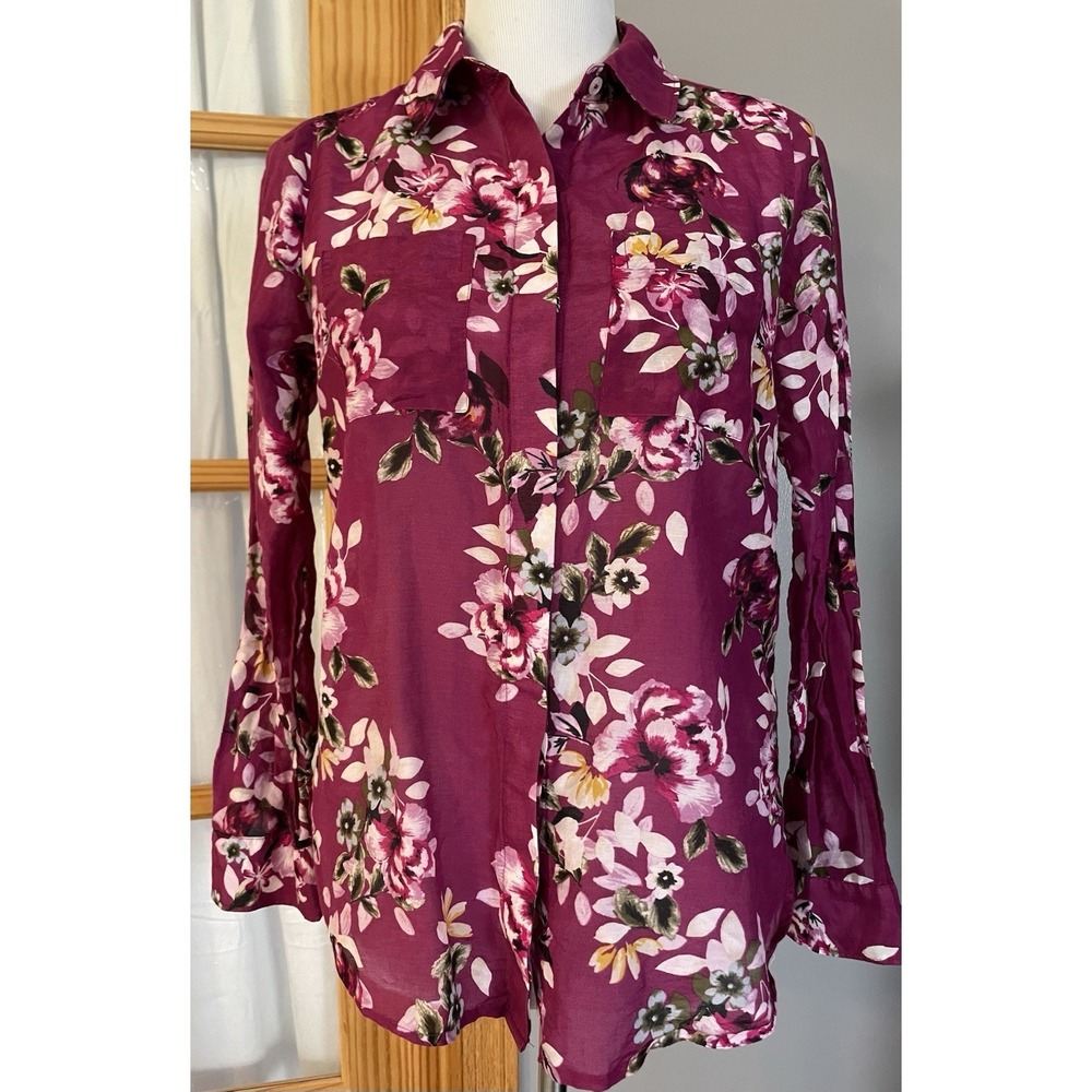 WHBM Silk Blend Floral Blouse Womens Sz 4 Pink Purple Button Up Cottagecore Boho - Picture 1 of 13